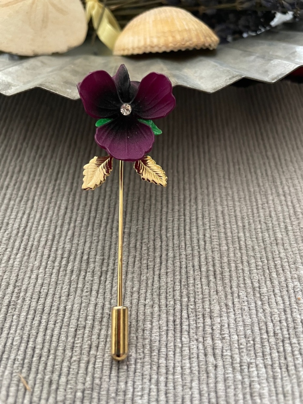 Purple Pansy Stick Pin with Gold Leaves